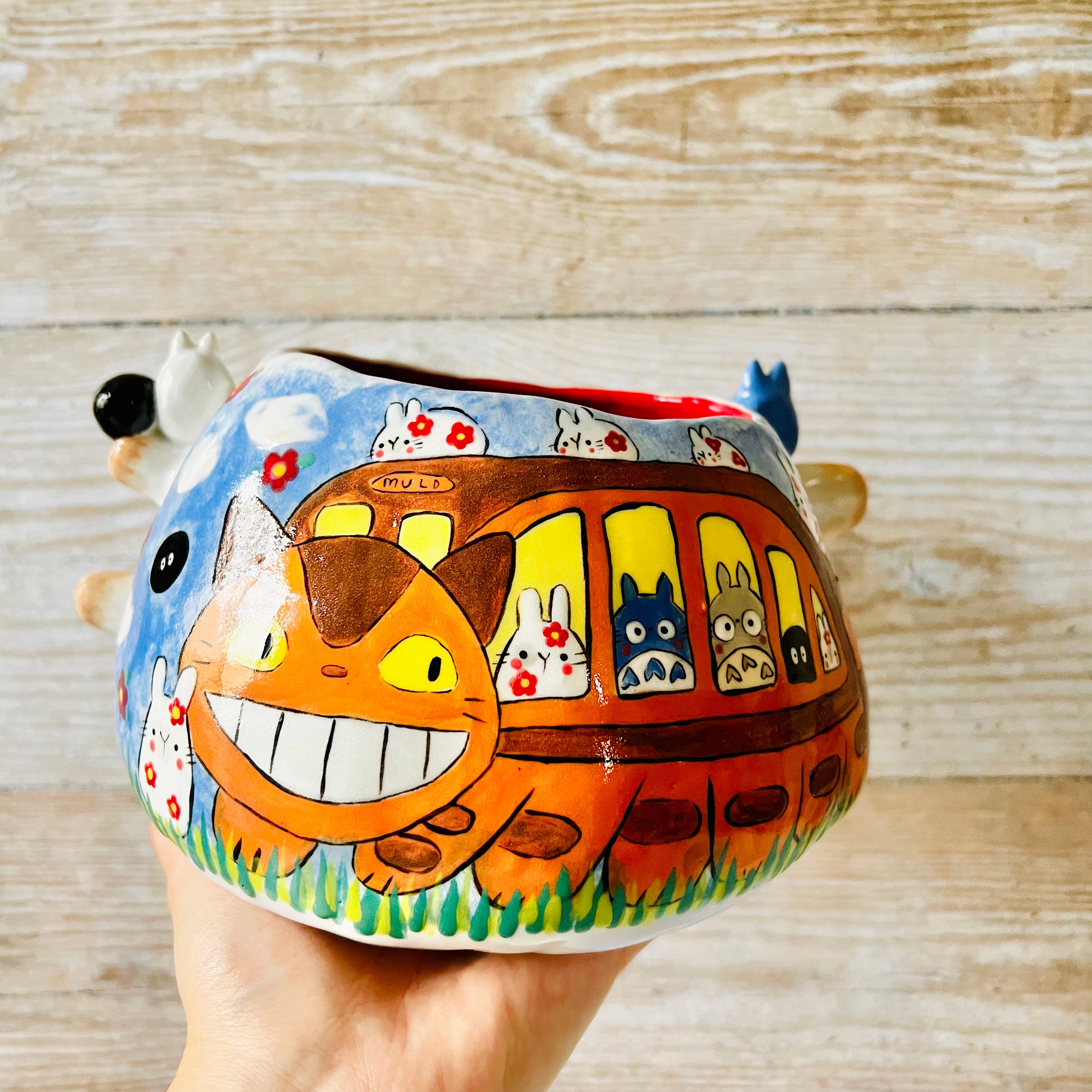 LNY SIDEWAYS BUNNY POT with Totoro friends and LNY CAT BUS painting