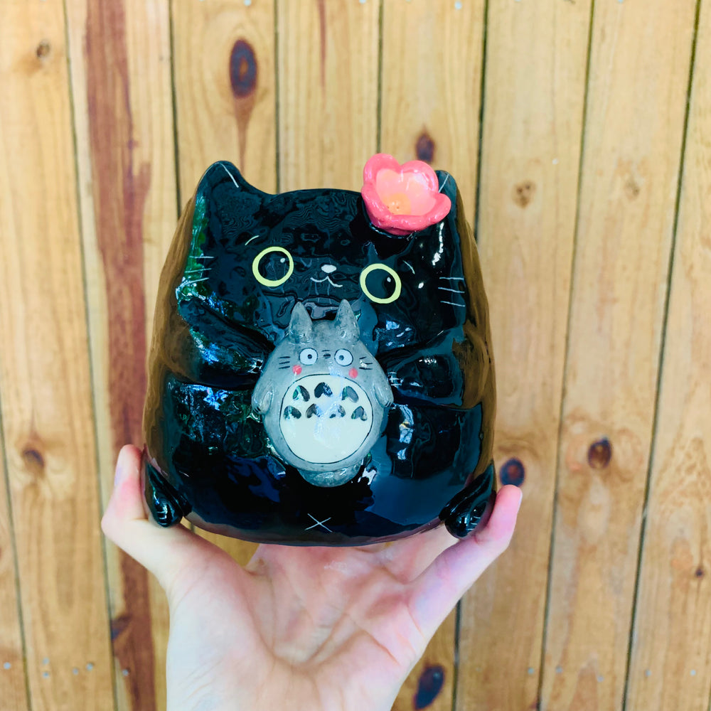 SET OF 2! Black cat pot with Totoro friend AND Totoro pot with black cat friend, photo 3 of 18