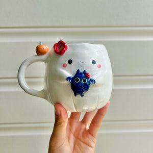 Halloween ghost mug with bat friend