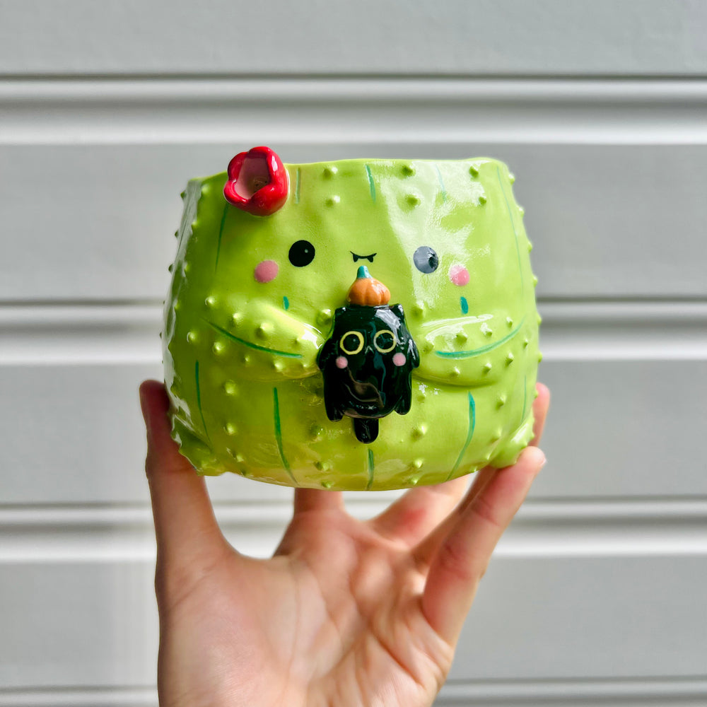 Halloween cactus pot with black cat friend, photo 1 of 6