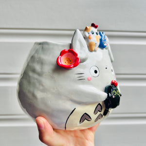 LARGE Totoro pot with black cat and Chibi Totoro friends