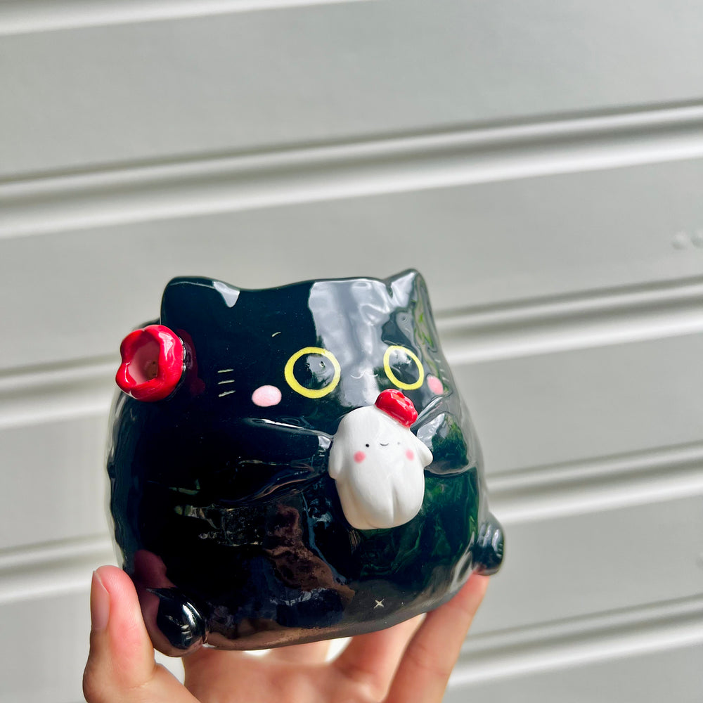Halloween black cat pot with ghost friend, photo 6 of 7