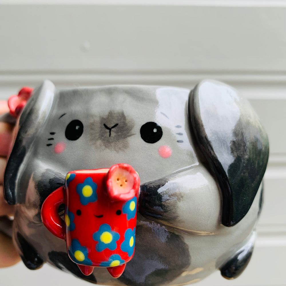 Spotty grey BUNNY coffee pun mug with mug friend, photo 10 of 11