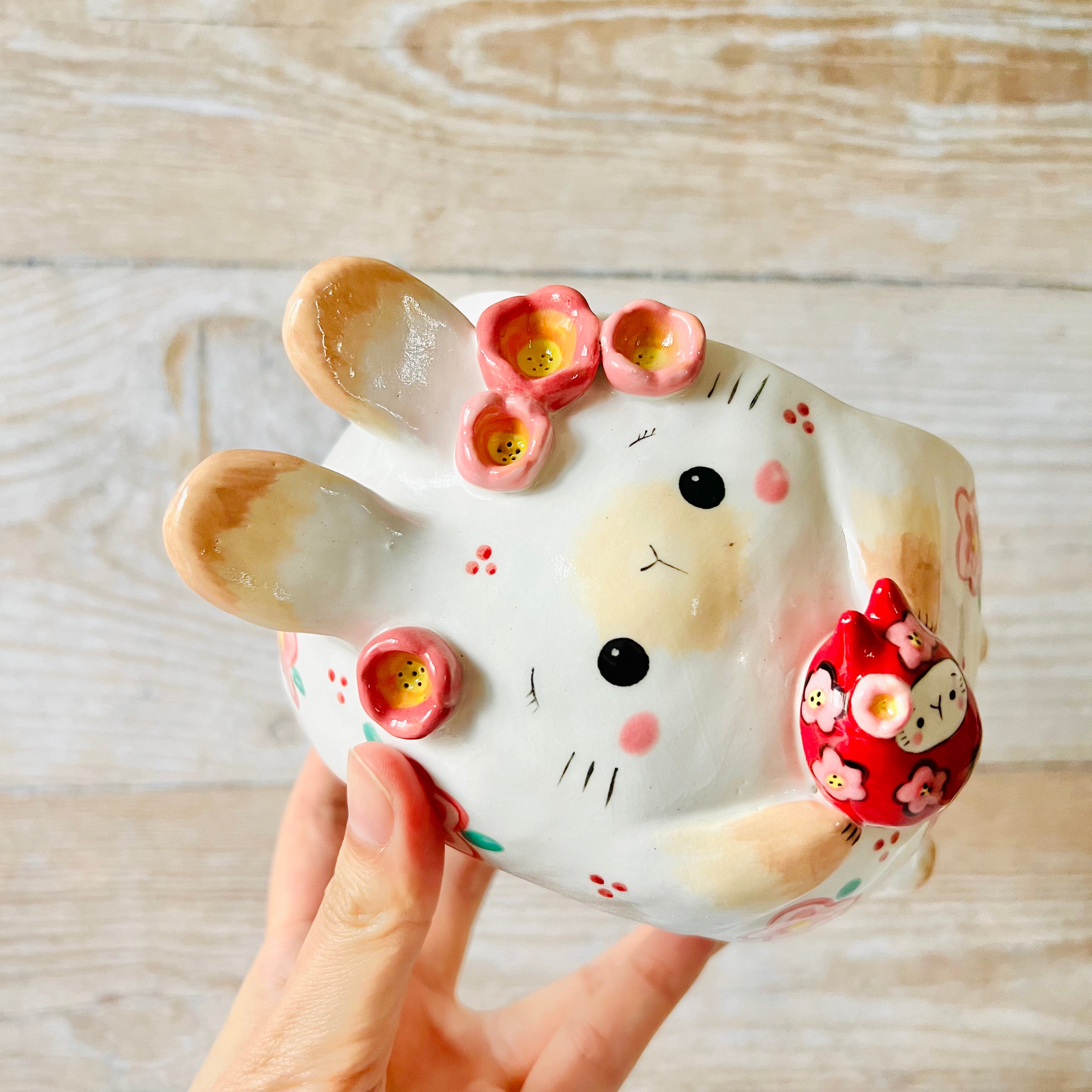 LNY SIDEWAYS BUNNY pot with Daruma Bunny friend