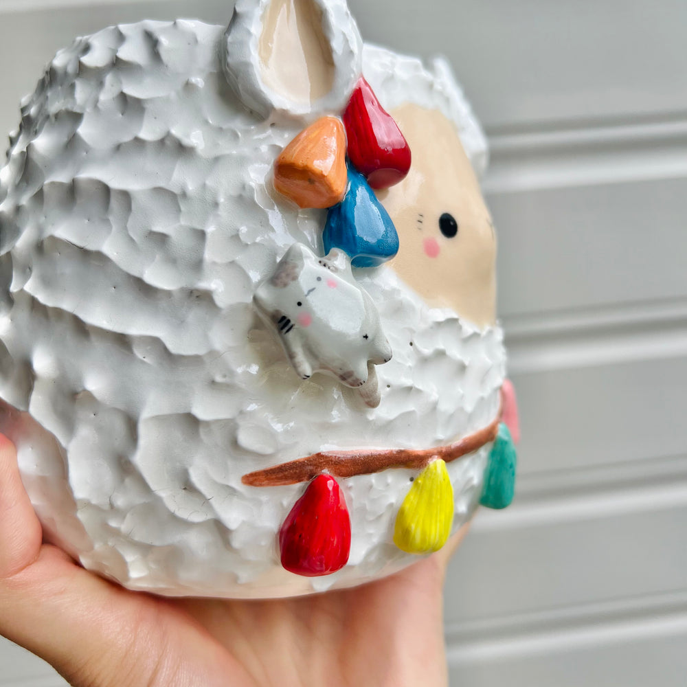 LARGE tassel llama pot with hanging cat friend, photo 7 of 8