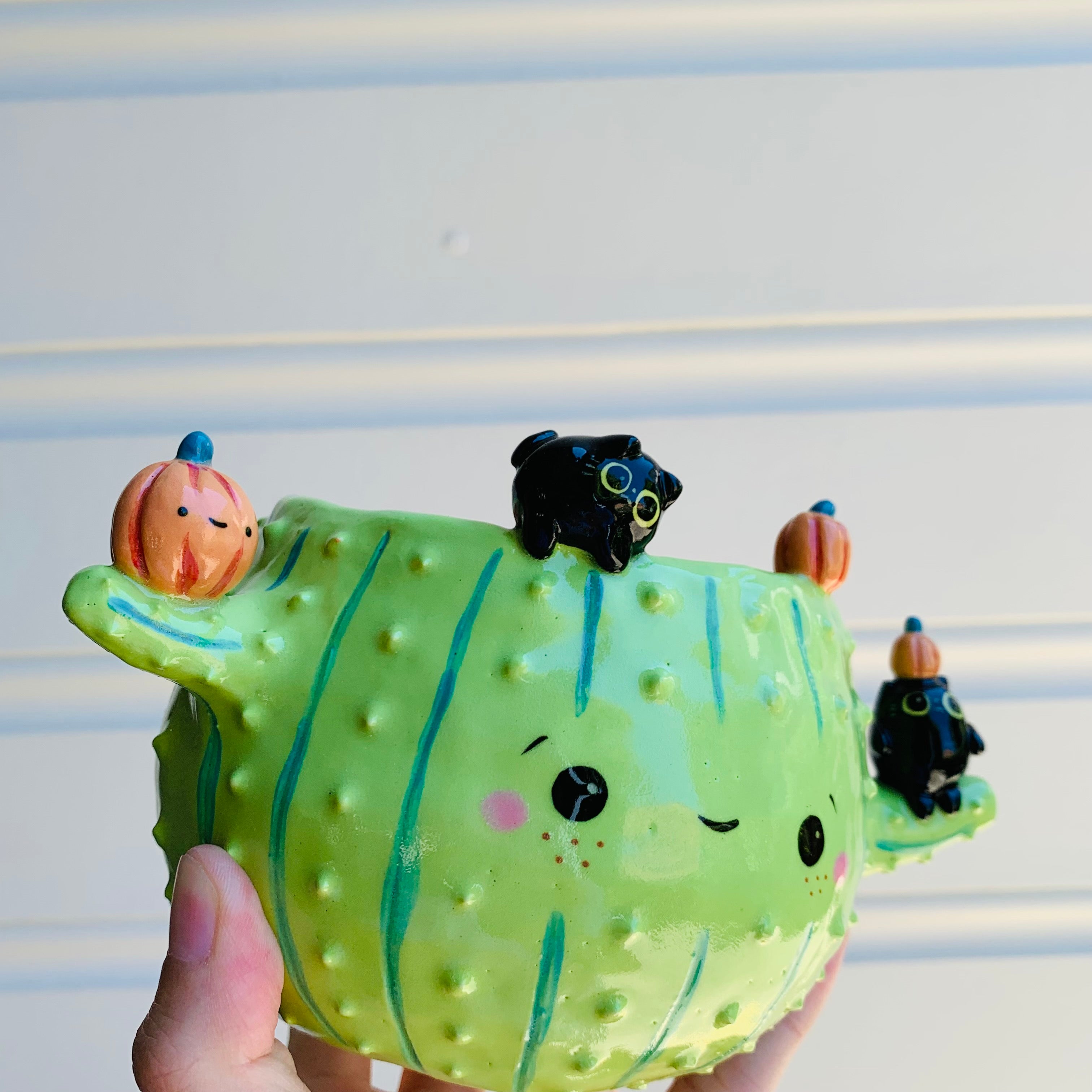 Pumpkin cactus pot with black cat friends