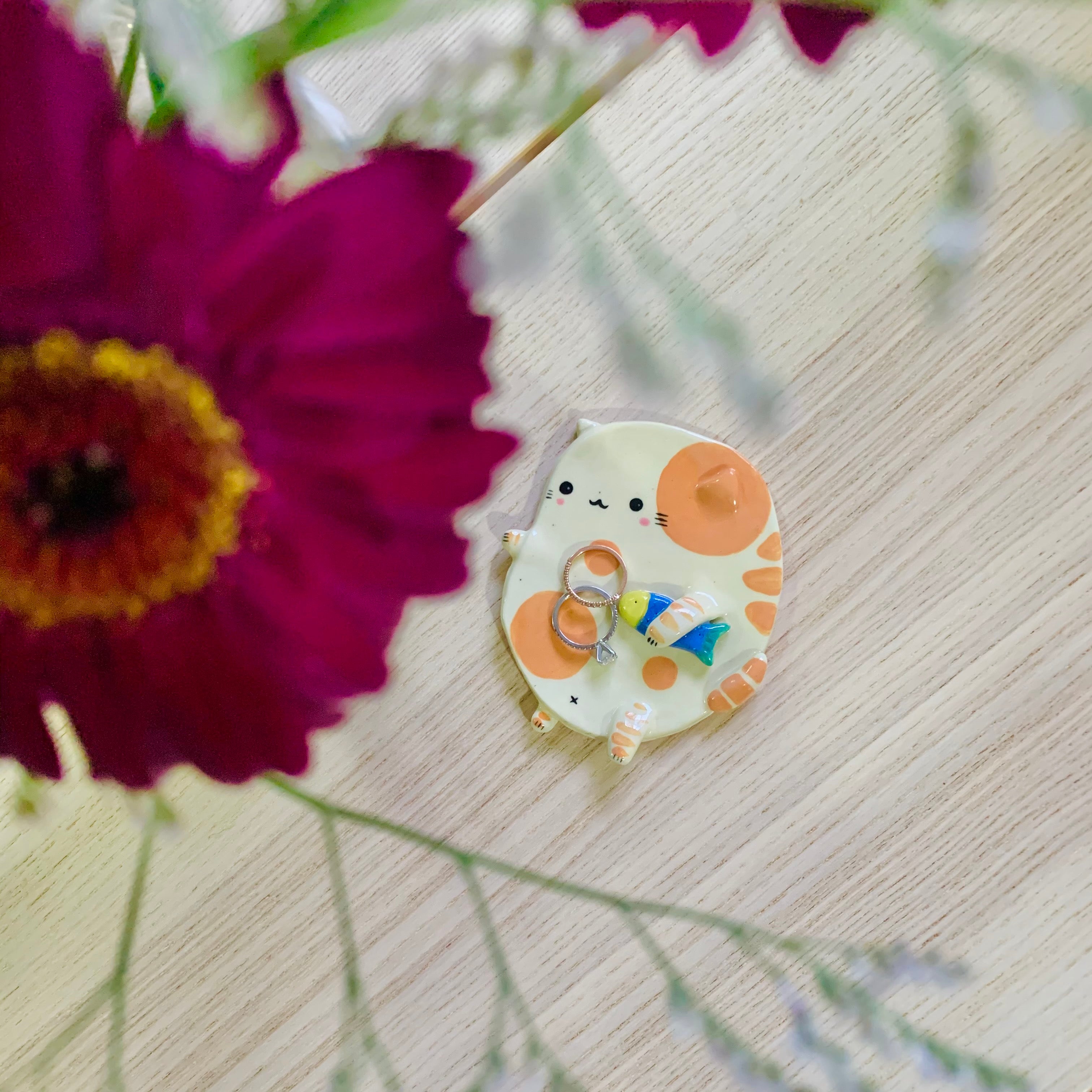 Ginger Cat with Fish Friend Trinket Dish