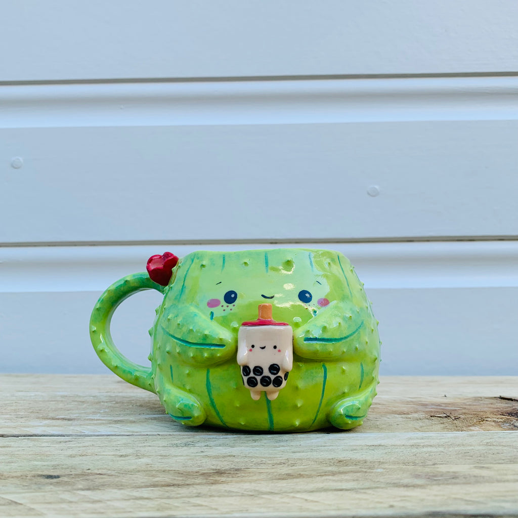 Dark green flowery cactus mug with bubble tea friend