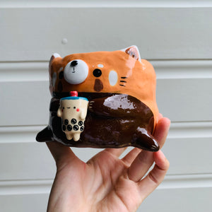 Red panda pot with bubble tea friend