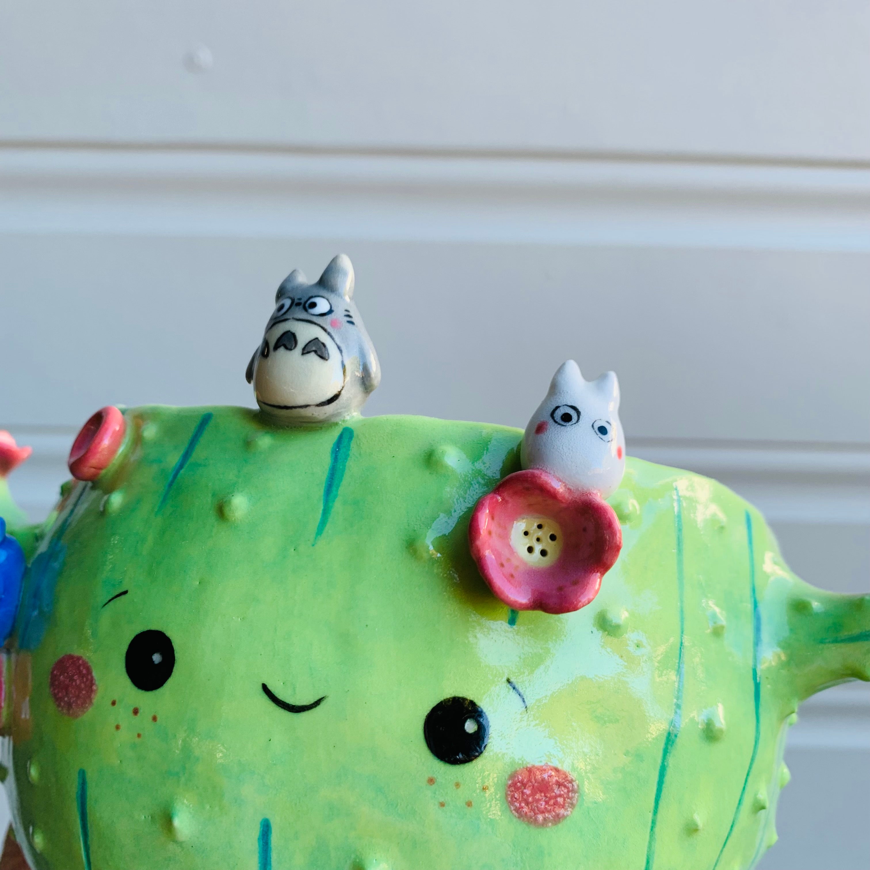 Dark green flowery cactus pot with Totoro friends