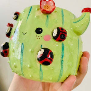 Flowery cactus pot with lady bug friends