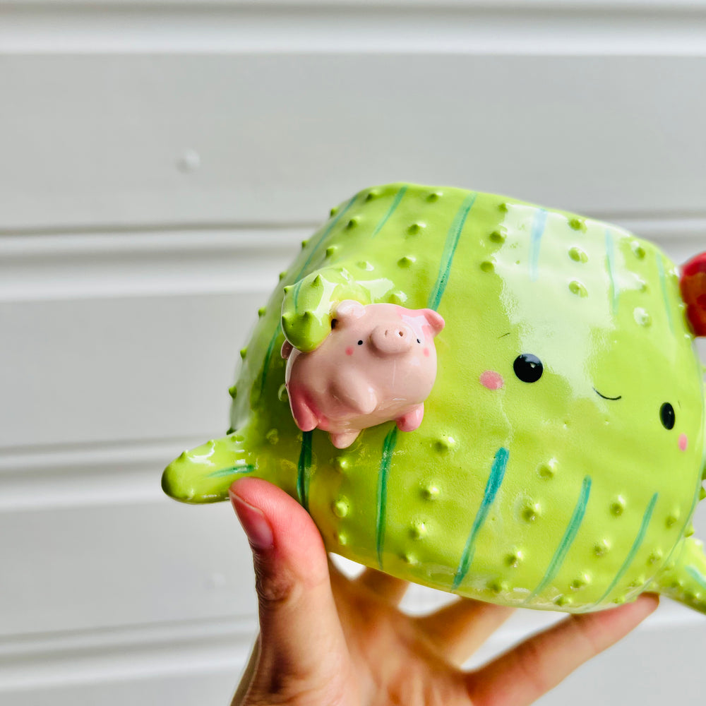 Large Flowery cactus pot with pig friend, photo 2 of 6