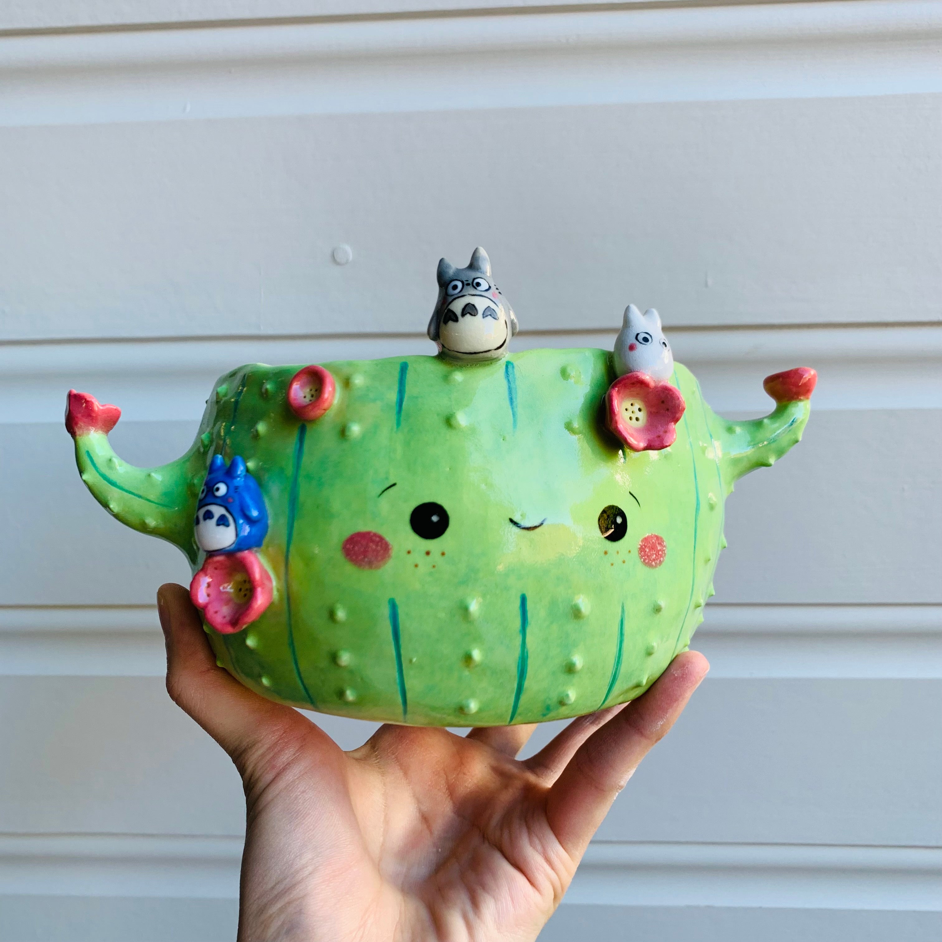 Dark green flowery cactus pot with Totoro friends