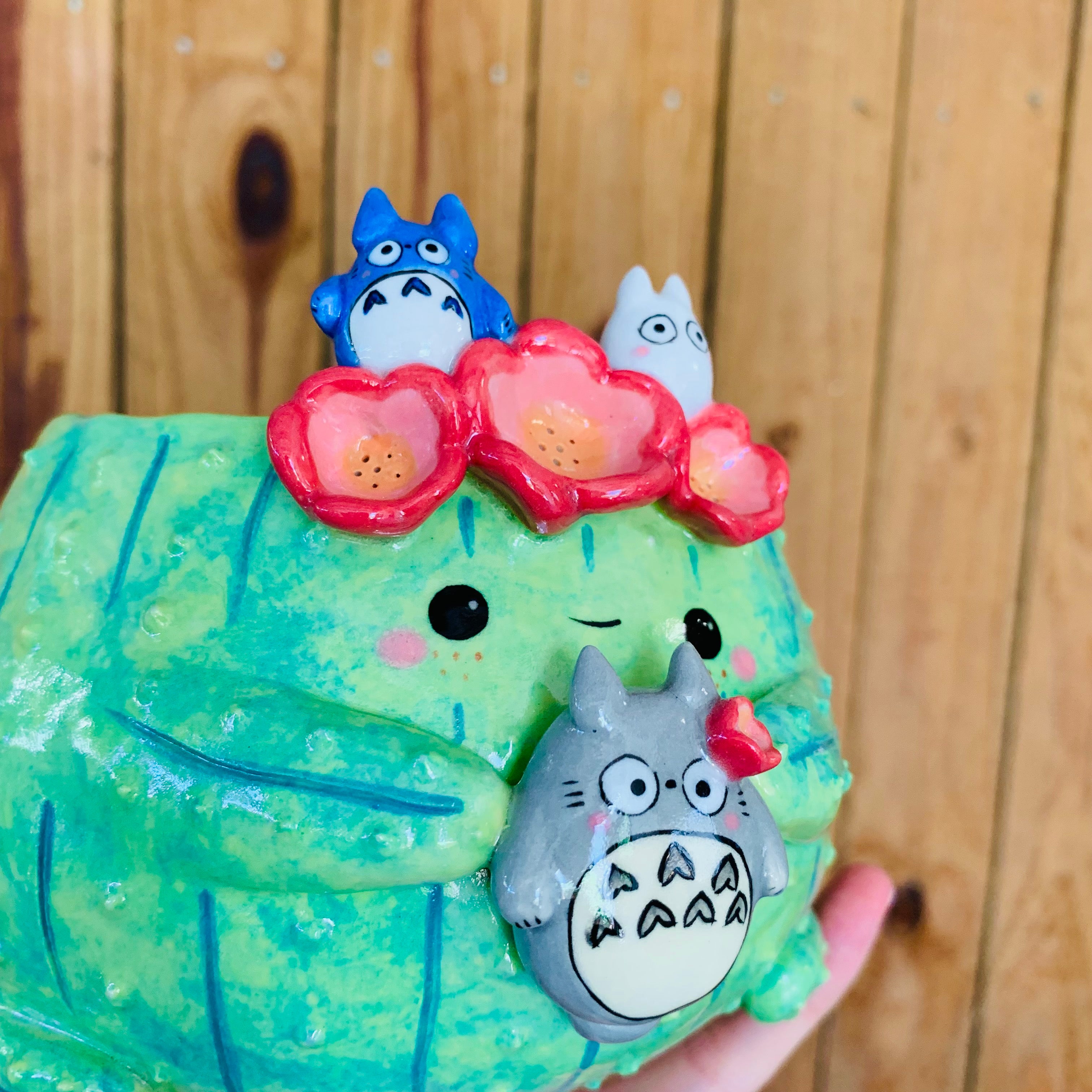 Dark green flower crown cactus pot with Totoro friends