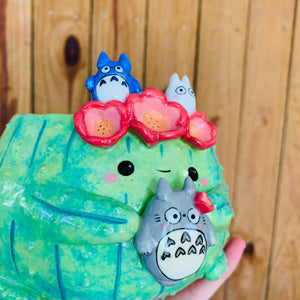 Dark green flower crown cactus pot with Totoro friends