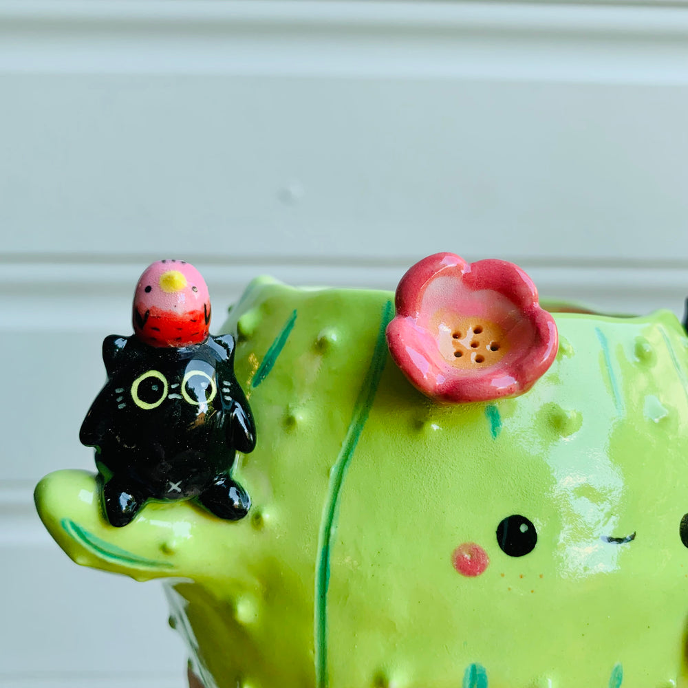 Flowery cactus pot with black cats and bird friends, photo 7 of 9