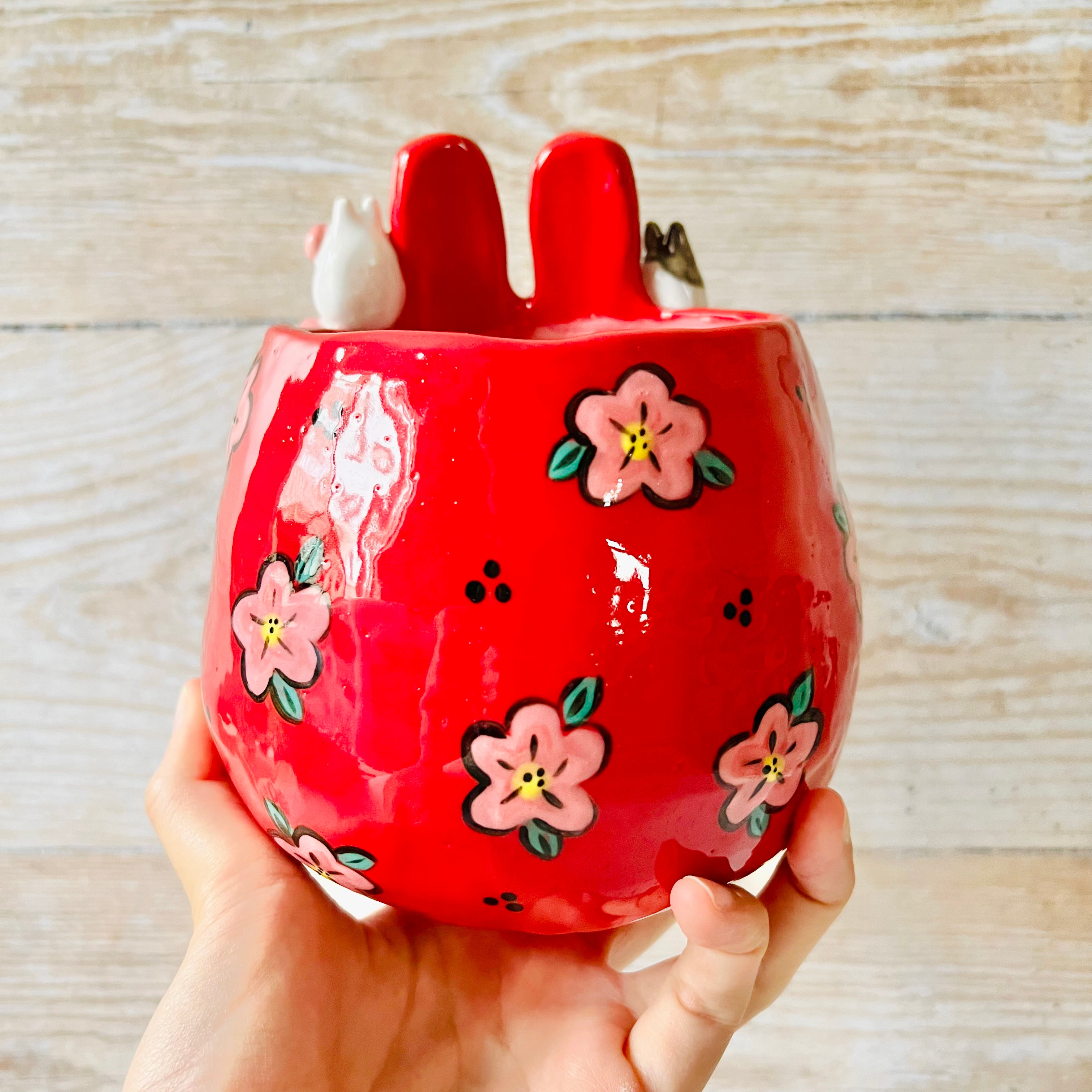 LNY RED Flowery Daruma pot with bunny friends