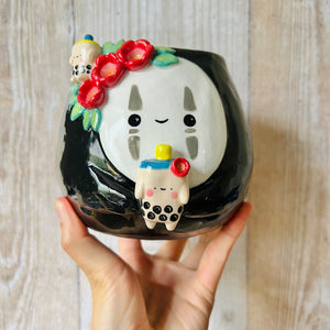 Flowery NO FACE POT with bubble tea friends