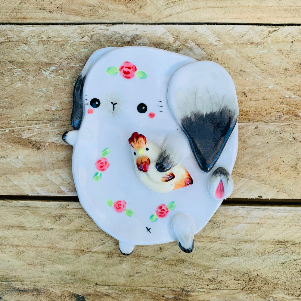 Flowery bunny with chicken friend trinket dish, photo 1 of 2
