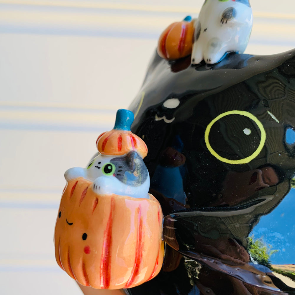 Big black cat with pumpkin and cat friends Halloween planter, photo 3 of 13