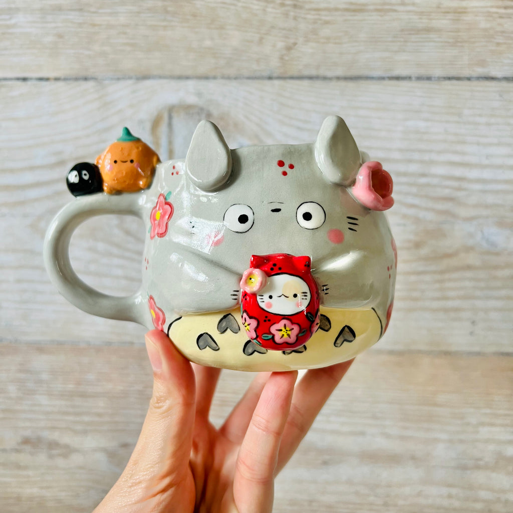 LNY TOTORO MUG with cat Daruma and mandarin friends