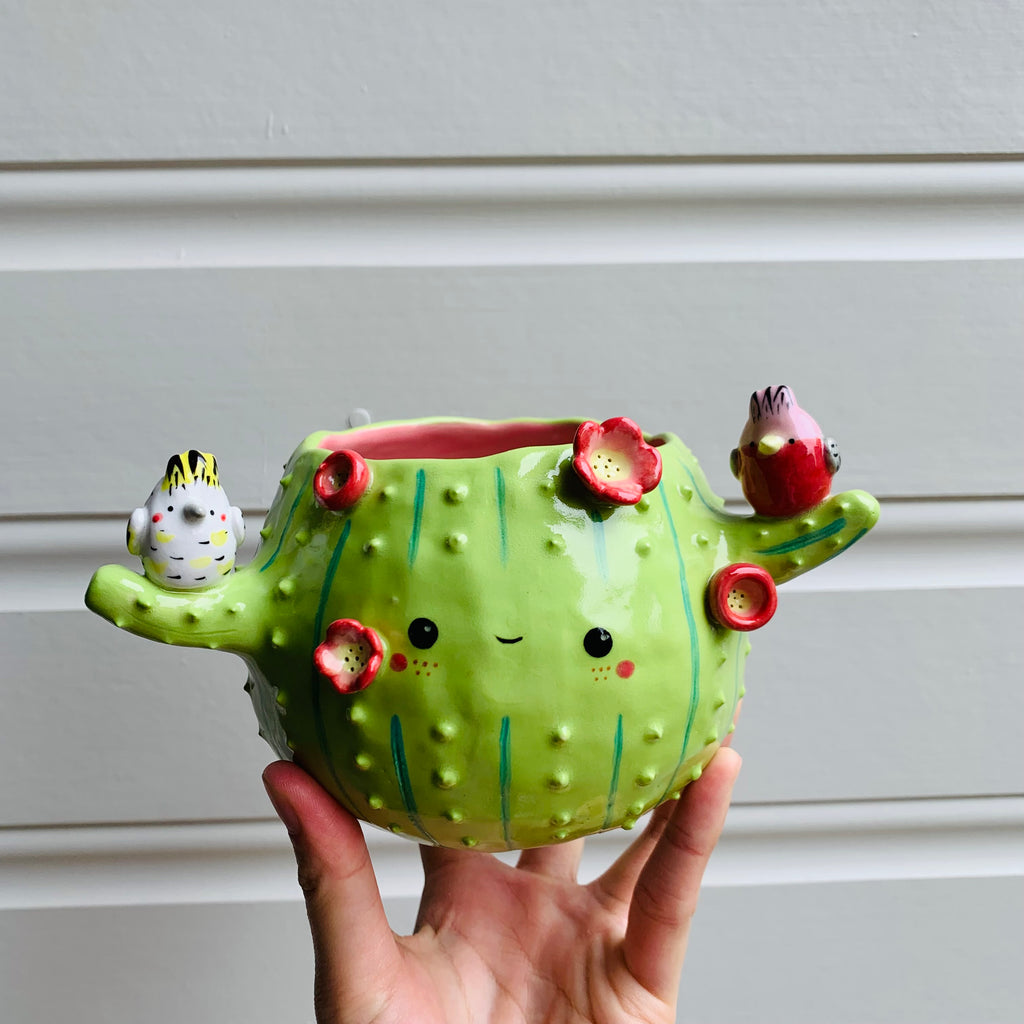 Flowery cactus pot with Aussie bird friends