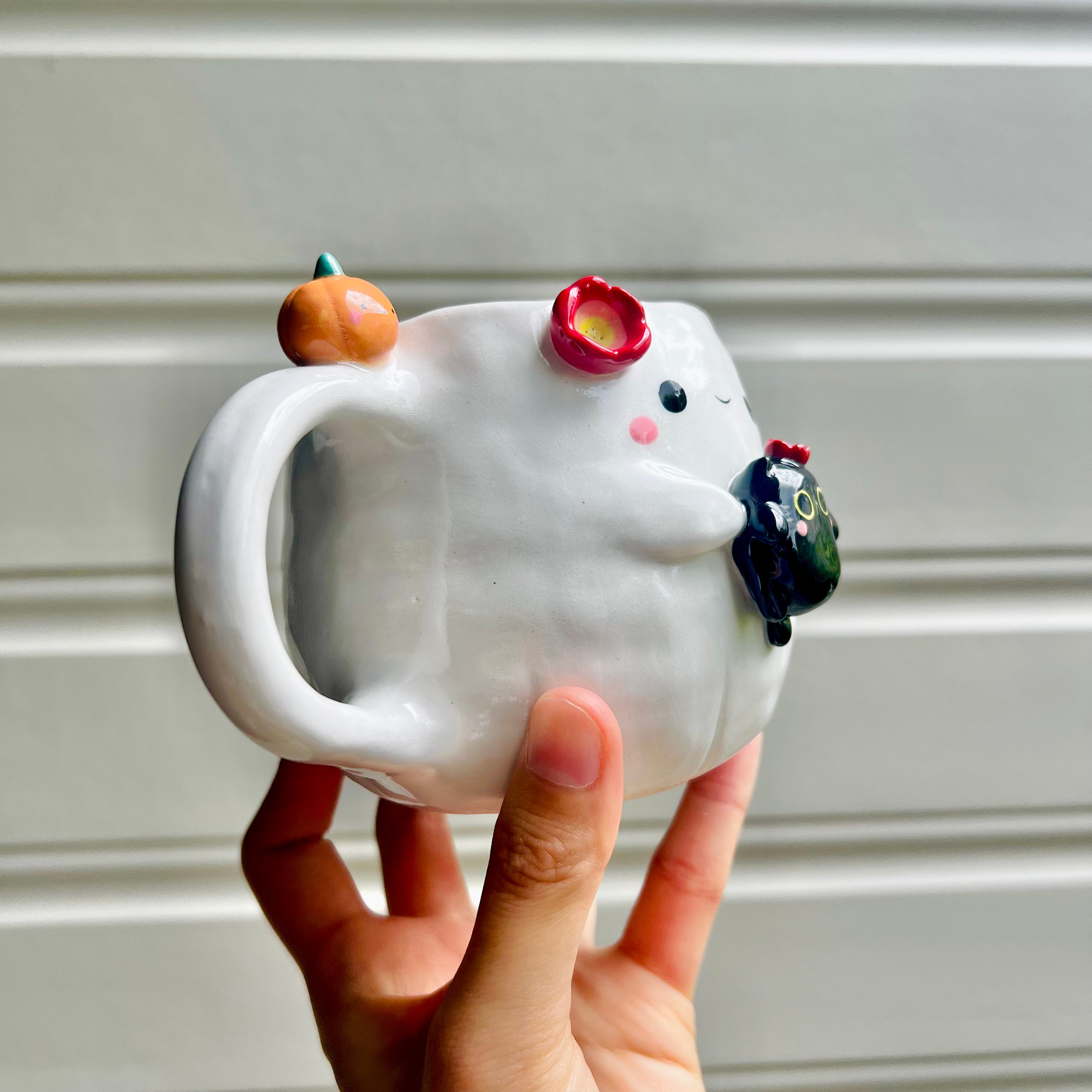 Halloween ghost mug with black cat friend