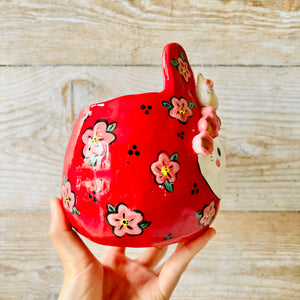 LNY RED Flowery Daruma bunny pot with bunny friends