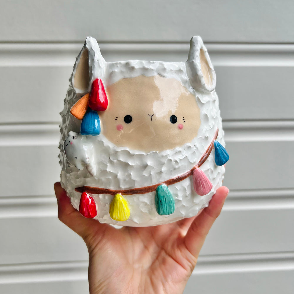 LARGE tassel llama pot with hanging cat friend, photo 1 of 8