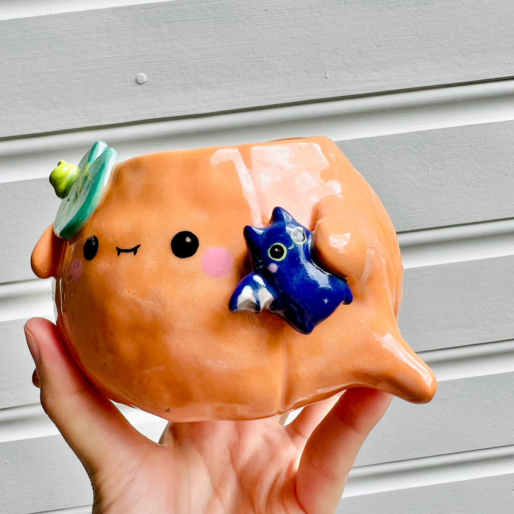 Halloween pumpkin pot with bat friend, photo 3 of 8