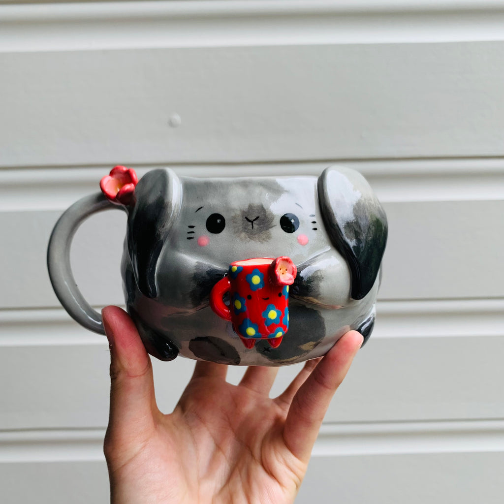 Spotty grey BUNNY coffee pun mug with mug friend