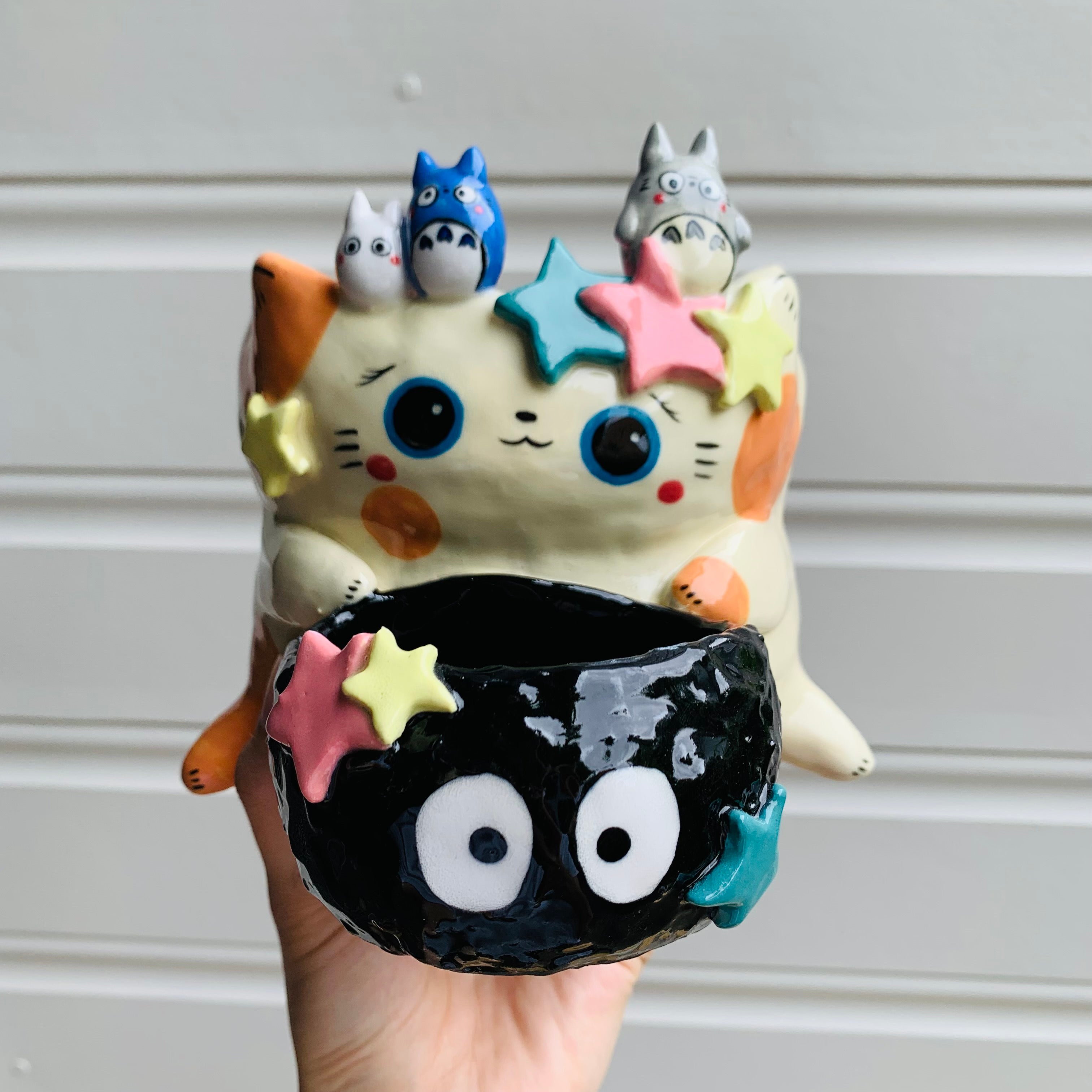 2 in 1 Spotty ginger cat and soot sprite pot with Totoro friends