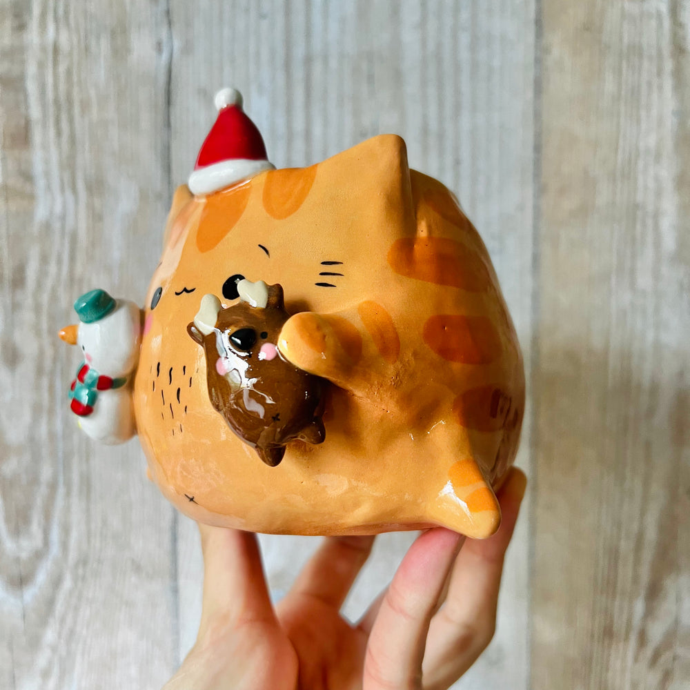FESTIVE CAT POT with reindeer and snowman friend, photo 3 of 6