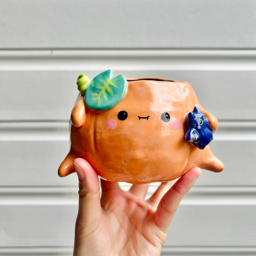 Halloween pumpkin pot with bat friend, photo 1 of 8