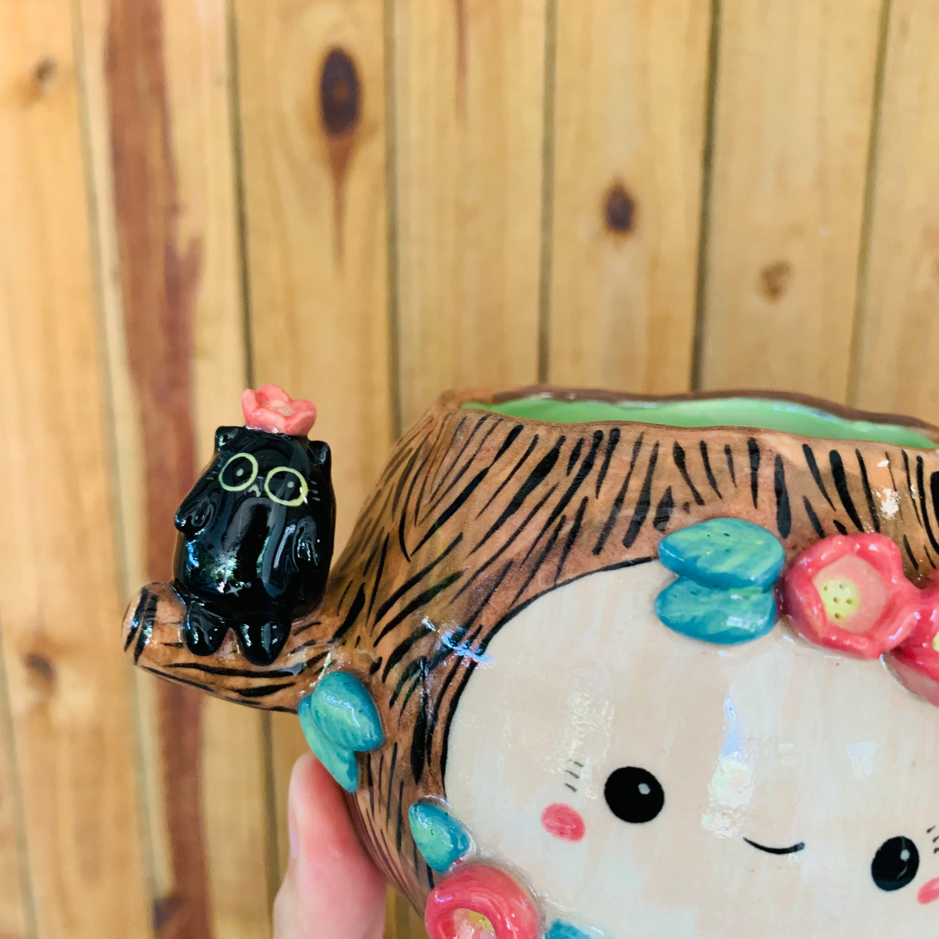 Happy tree pot with black cat friends