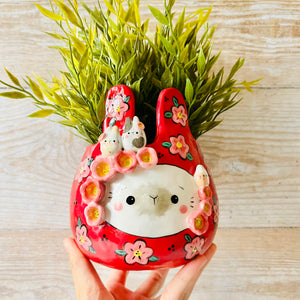 LNY RED Flowery Daruma Bunny pot with bunny friends