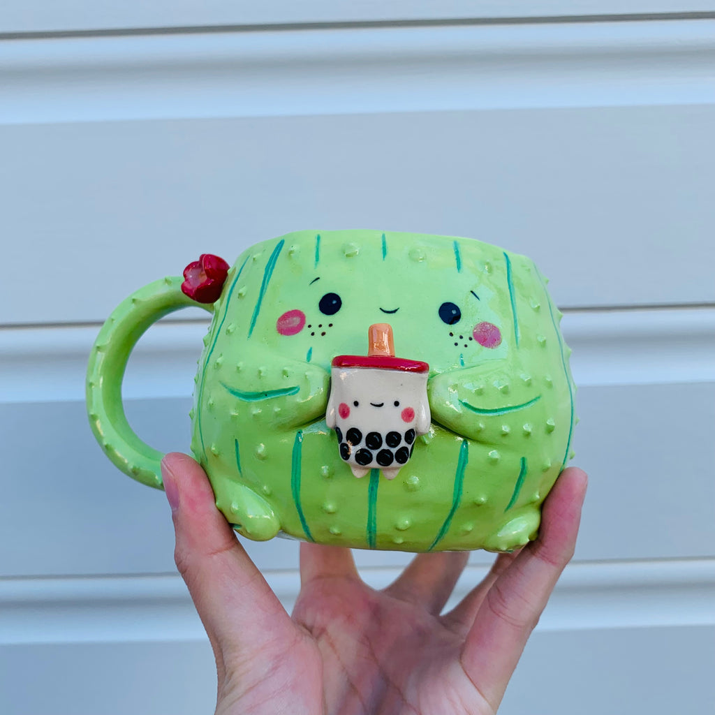 Light green flowery cactus mug with bubble tea friend