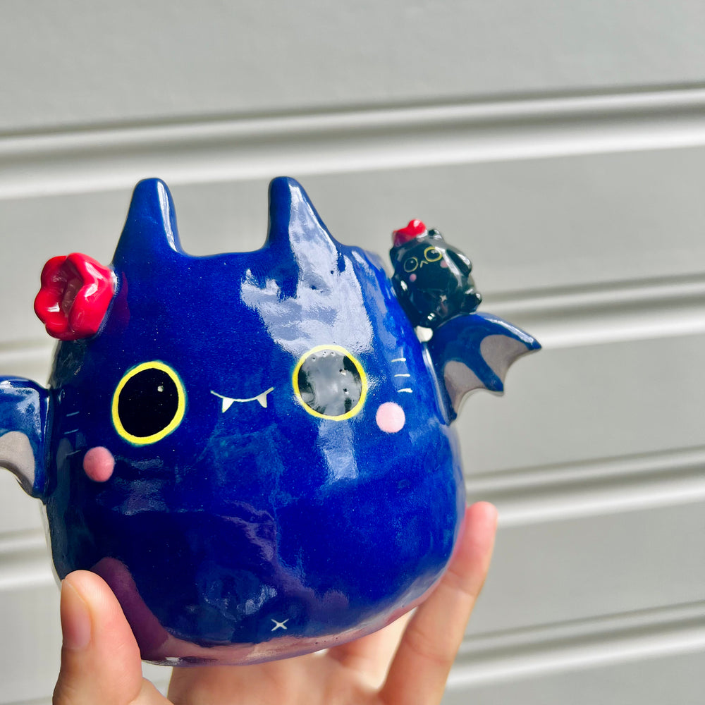 Halloween bat pot with black cat friend, photo 7 of 7