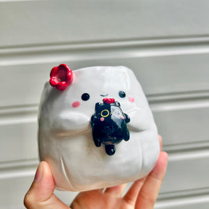 Halloween ghost pot with black cat friend