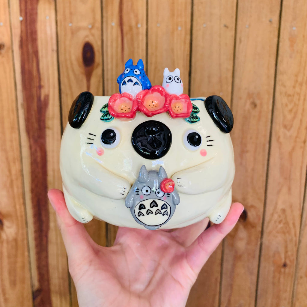 Flower crown puggo pot with Totoro friends