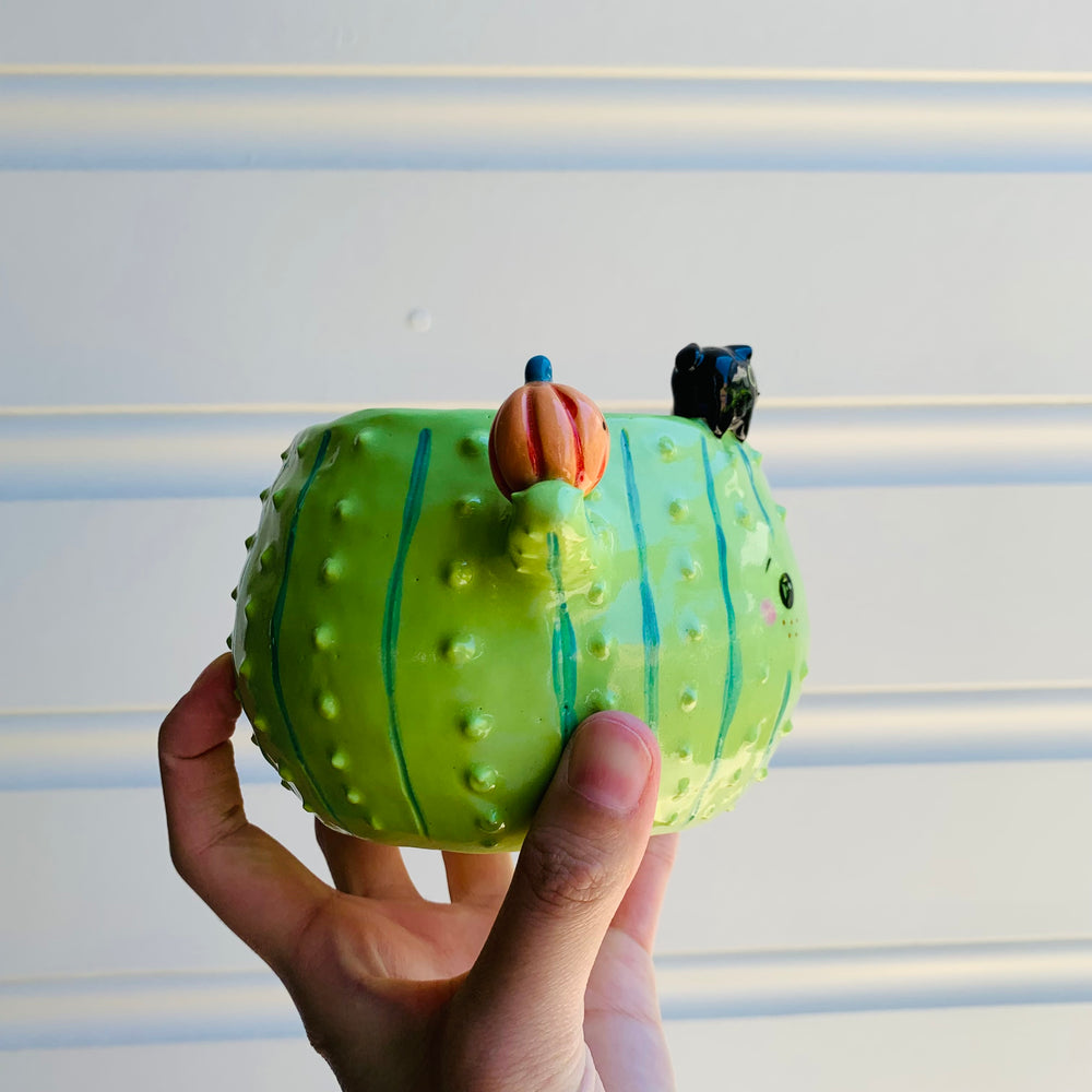 Pumpkin cactus pot with black cat friends, photo 2 of 7