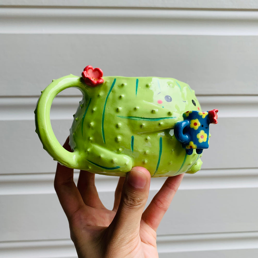 Light green CACTUS coffee pun mug with mug friend, photo 2 of 12