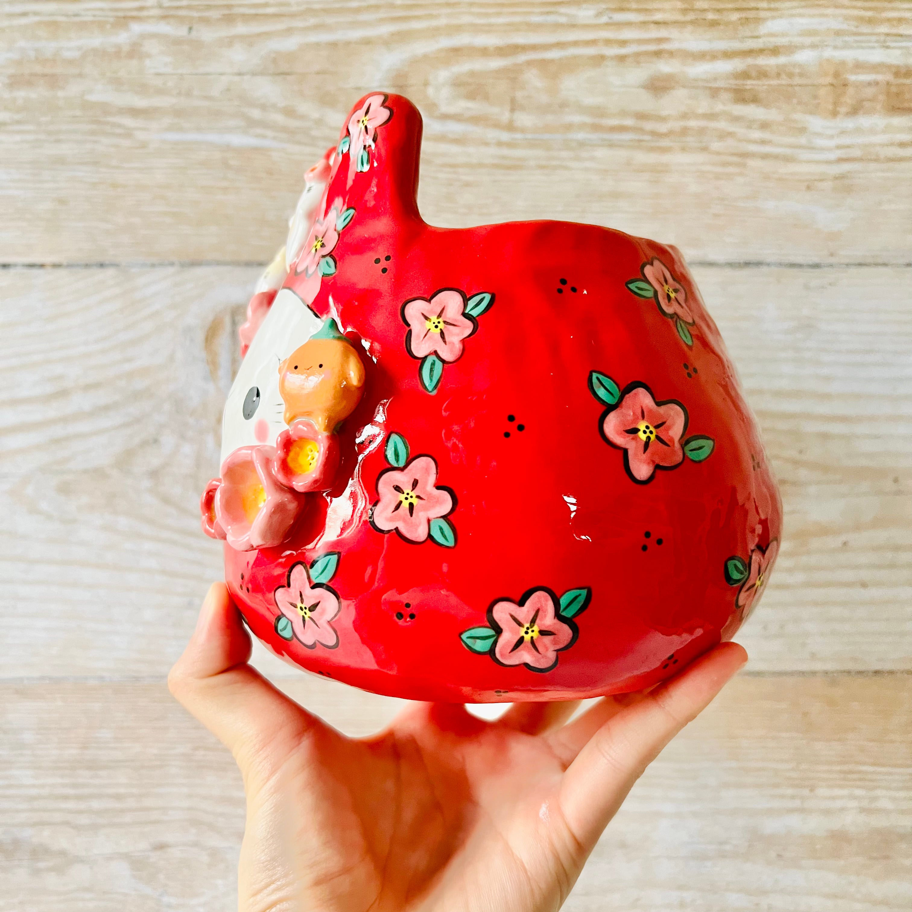 LNY RED flowery Daruma Bunny pot with bunny and mandarin friends