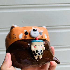 Red panda pot with bubble tea friend