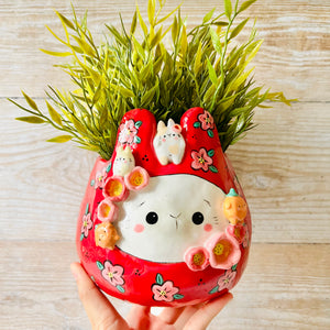 LNY RED flowery Daruma Bunny pot with bunny and mandarin friends