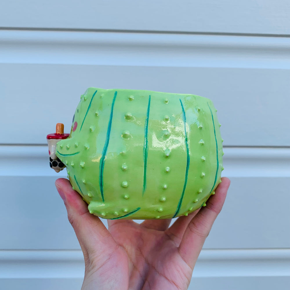 Light green flowery cactus mug with bubble tea friend, photo 2 of 8