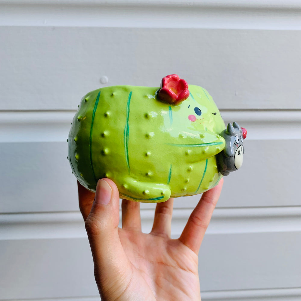 Flowery cactus pot with Totoro friend, photo 2 of 6