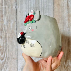 Flowery TOTORO POT with No face, Chibi Totoro and Soot sprites friends