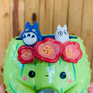 Light green flower crown cactus pot with Totoro friends