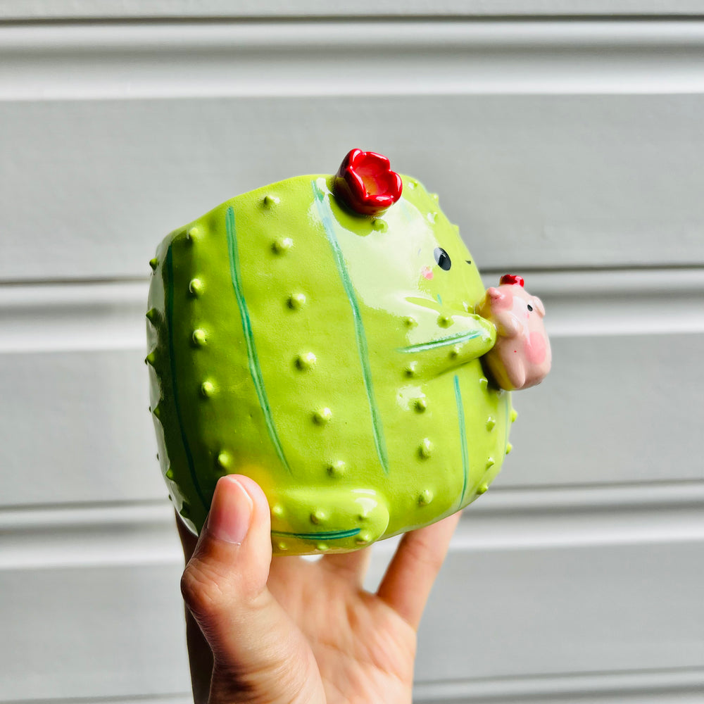 Flowery Cactus pot with pig friend, photo 2 of 6